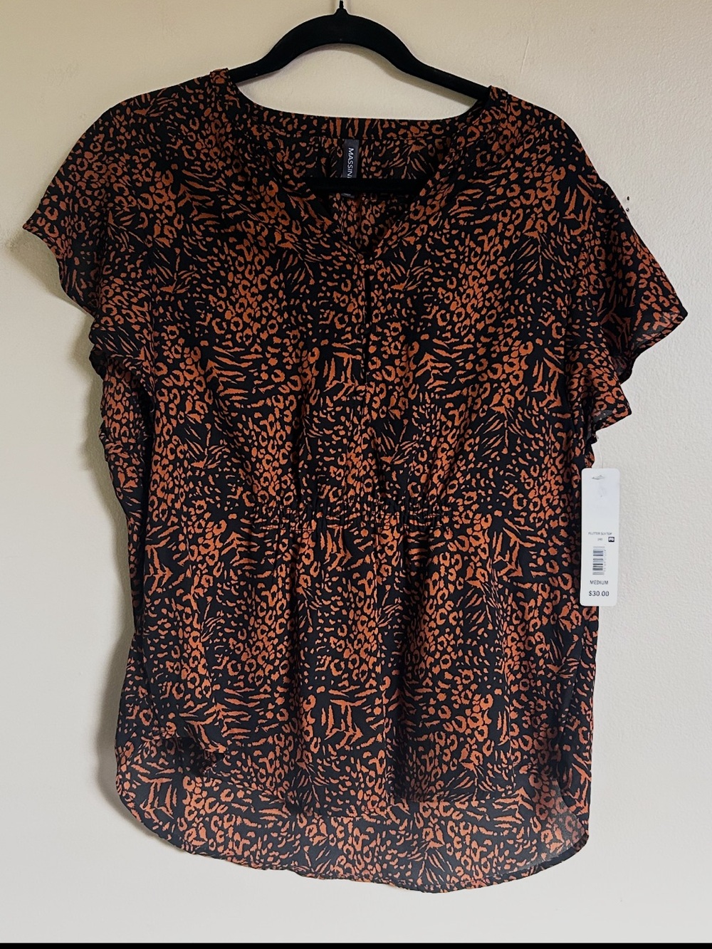 Massini Animal Print Flutter Sleeve Blouse Medium NWT